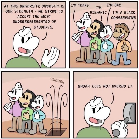 AT THIS UNIVERSITY, DIVERSITY IS TRANS. GAY. OUR STRENGTH WE STRIVE TO HISPANIC. A BLACK ACCEPT THE MOST CONSERVATIVE. UNDERREPRESENTED OF STUDENTS. 929 a И WHOAH, LETS NOT OVERDO IT. a