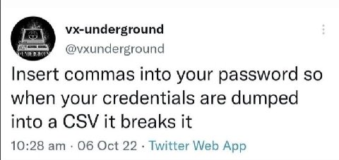 vx-underground @vxunderground Insert commas into your password so when your credentials are dumped into a CSV it breaks it 10:28 Об Oct 22 Twitter Web App