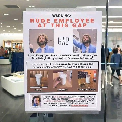 WARNING: RUDE EMPLOYEE THIS САР БАР IS asked this employee if there was anywhere in the mall could get a glass of milk. He laughed in my face and said “restaurants don't have milk” A А a 7 Michigan’s 