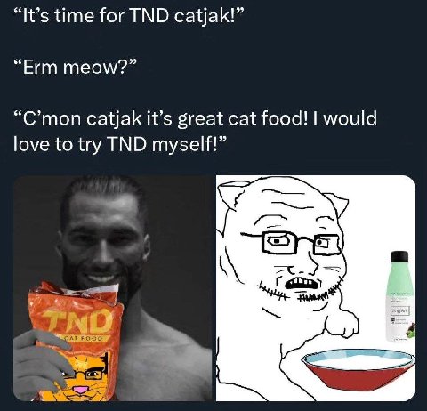 “It’s time for TND catjak!” “Erm meow?” “C’mon catjak it’s great cat food! would love to try TND myself!”