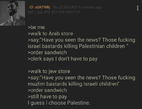 >be me >walk to Arab store >зау: Have you seen the news? Those fucking israel bastards killing Palestinian children >order sandwich >clerk says dont have to pay >walk to jew store >say: Have you seen 