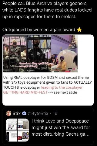 People call Blue Archive players gooners, while LADS fangirls have real dudes locked up in rapecages for them to molest. Outgooned women again award 3} Game ding Using REAL cosplayer for BDSM and sexu
