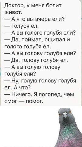 Доктор, у меня болит ЖИВОТ. А что вы вчера ели? Голубя А вы голого голубя ели? Да, поймал, ощипал и голого голубя А вы голову голубя ели? Да, голову голубя A голую голову голубя ели? Ну, голую голову 