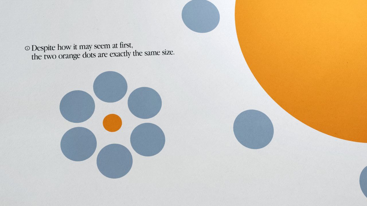 Despite it may seem at first, the two orange dots are exactly the same size.