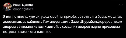 Иван Цепеш Я вот помню какую зигу дед с войны привёз, вот это зига была, мощная, довоенная, из кабинета Гиммлера взял в Зале Штурмбанфюреров, всем двором её кидали летом и зимой, с соседних дворов пар
