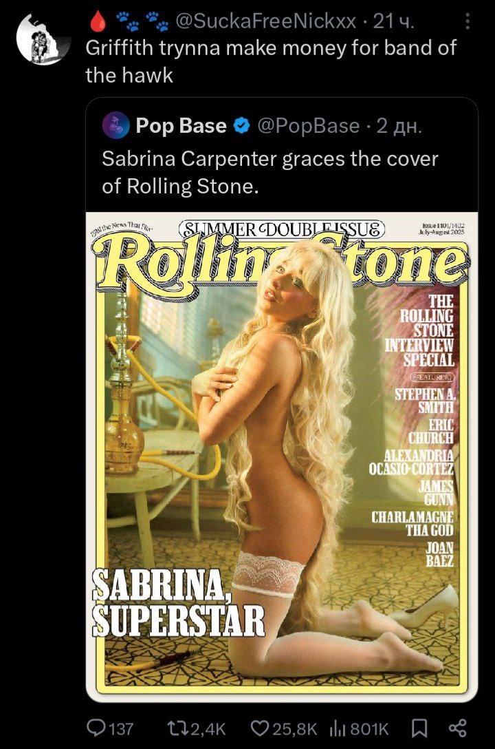 Griffith trynna make money for band of the hawk Pop Base Sabrina Carpenter graces the cover of Rolling Stone. Sat ОПЕ. at и. “tii у. А, 4 я у ‚А и TAT a THA JOAN ABRINA