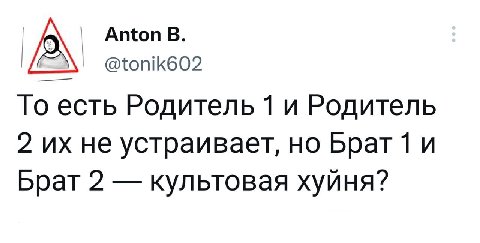 Anton В. @tonik602 То есть Родитель 1 и Родитель 2 не устраивает, но Брат 1 и Брат 2 культовая хуйня?