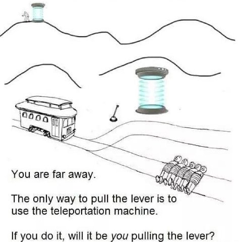 You are far away. The only way to pull the lever is to use the teleportation machine. If you it, will it be you pulling the lever?