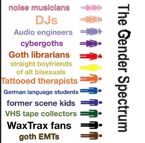 noise musicians Audio engineers cybergoths Goth librarians О. attooed therapists =9. German language students former scene kids VHS tape collectors М/ахТгах fans 5 goth EMTs