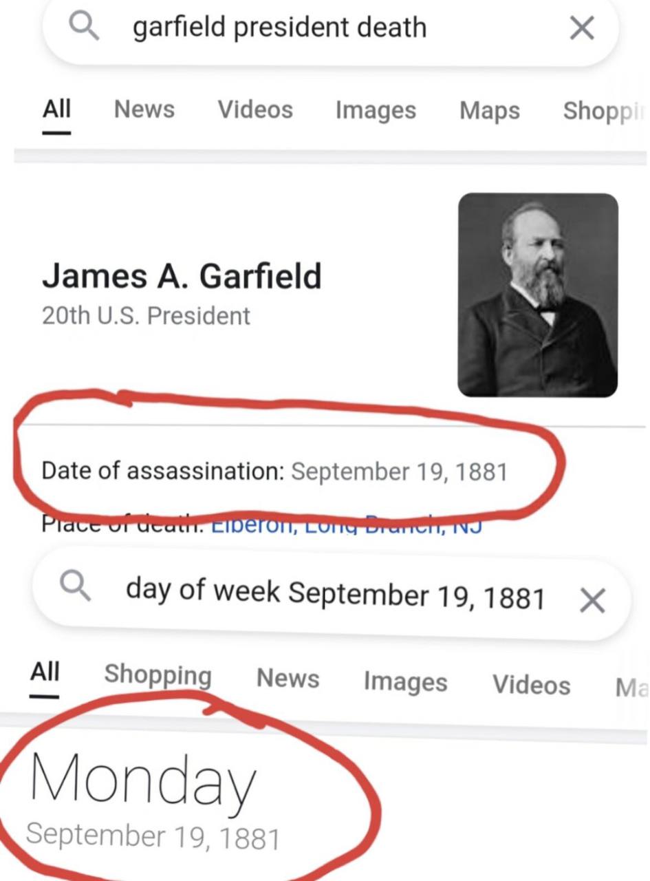 garfield president death All News Videos Images Maps Shop; James A. Garfield President Date of assassination: September 19, 1881 С, of week September 19, 1881 Shopping News Images Videos Мопаа 19, 188