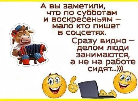А вы заметили, что по субботам и воскресеньям мало кто пишет в соцсетях. Сразу видно делом люди занимаются, на работе сидят...
