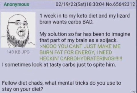 Anonymous 02/19/22(Sat)18:30:04 №.65642312 1 week in to my keto diet and my lizard Мат wants carbs BAD. My solution so far has been to imagine that part of my brain as a soijack. »NOOO YOU CANT JUST M