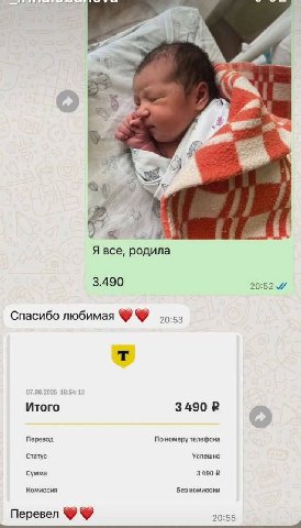 +4 Я все, родила 3.490 20:52 Спасибо любимая Итого 3490 Перевод По номеру телефона Статус Успешно Сумма 3490 Комиссия Без комиссии Перевел 20:55