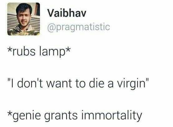 Vaibhav @pragmatistic *rubs lamp* dont want to die a virgin *genie grants immortality