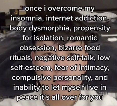 опсе гоуегсоте insomnia, internet addiction, body dysmorphia, propensity for isolation, romantic obsession, bizarre food rituals, negative self-talk, low self-esteem, fear of intimacy, compulsive pers