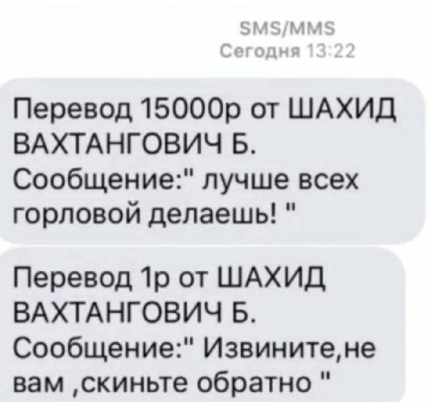 Перевод от ШАХИД ВАХТАНГОВИЧ Б. Сообщение:" лучше всех горловой делаешь! Перевод от ШАХИД ВАХТАНГОВИЧ Б. Сообщение:" Извините,не вам ‚скиньте обратно