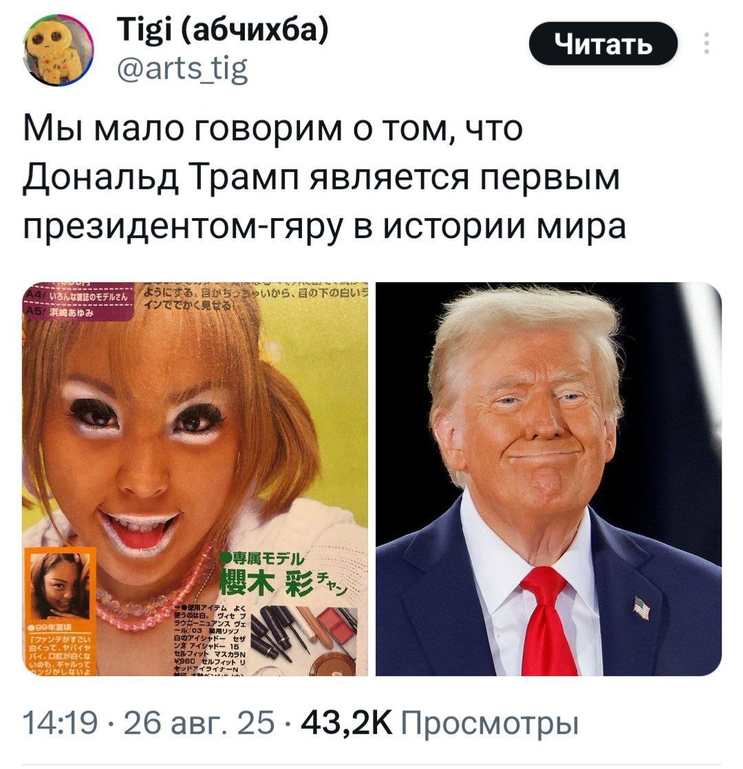 Tigi (абчихба) @artstig Мы мало говорим о TOM, что Дональд Трамп является первым президентом-гяру в истории мира 14:19 26 авг. 25 Просмотры