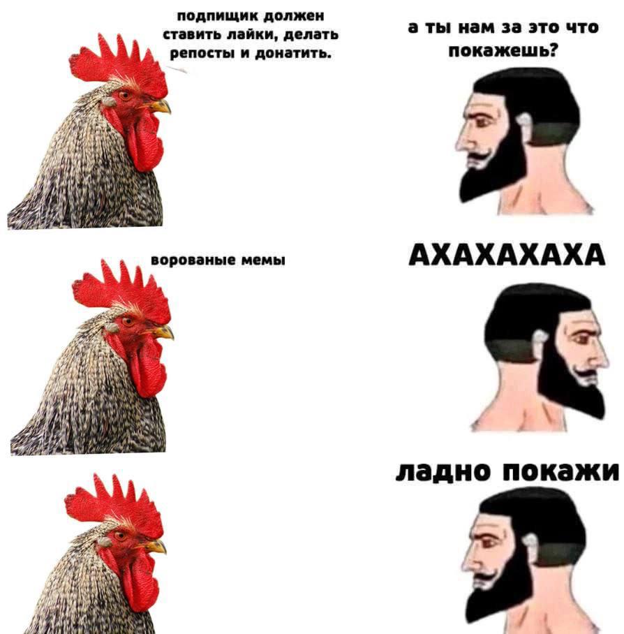 подпищик должен а ты нам за это что ставить лайки, делать репосты и донатить. покажешь? И Wat ворованые мемы АХАХАХАХА Wan ладно покажи a7