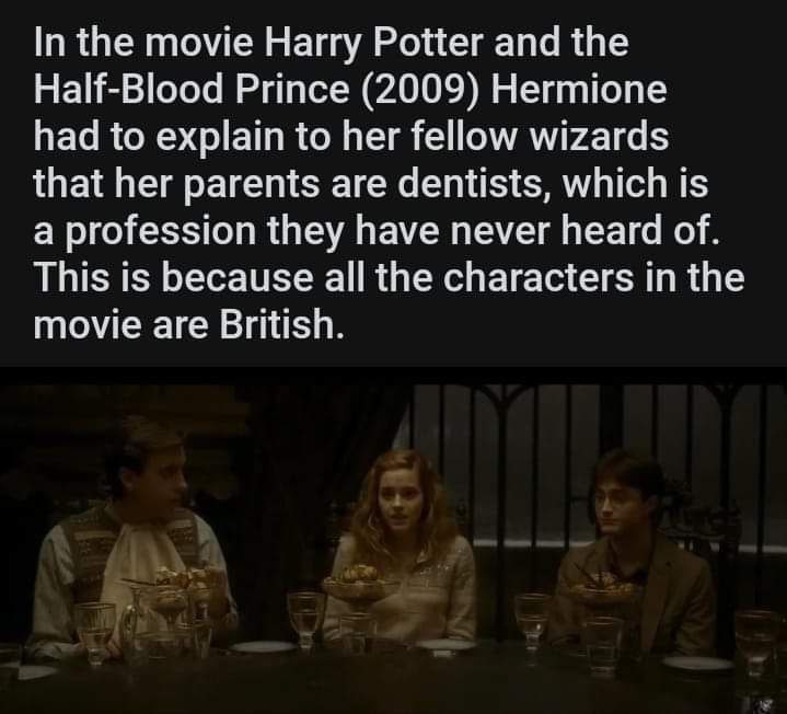 In the movie Harry Potter and the Half-Blood Prince (2009) Hermione had to explain to her fellow wizards that her parents are dentists, which is a profession they have never heard of. This is because 