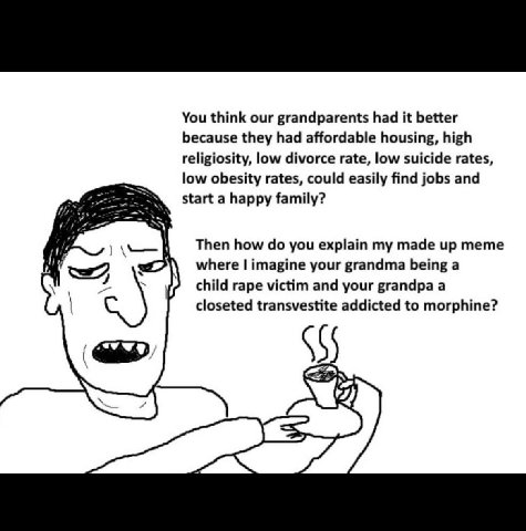 You think our grandparents had it better because they had affordable housing, high religiosity, low divorce rate, low suicide rates, low obesity rates, could easily find jobs and start a happy family?