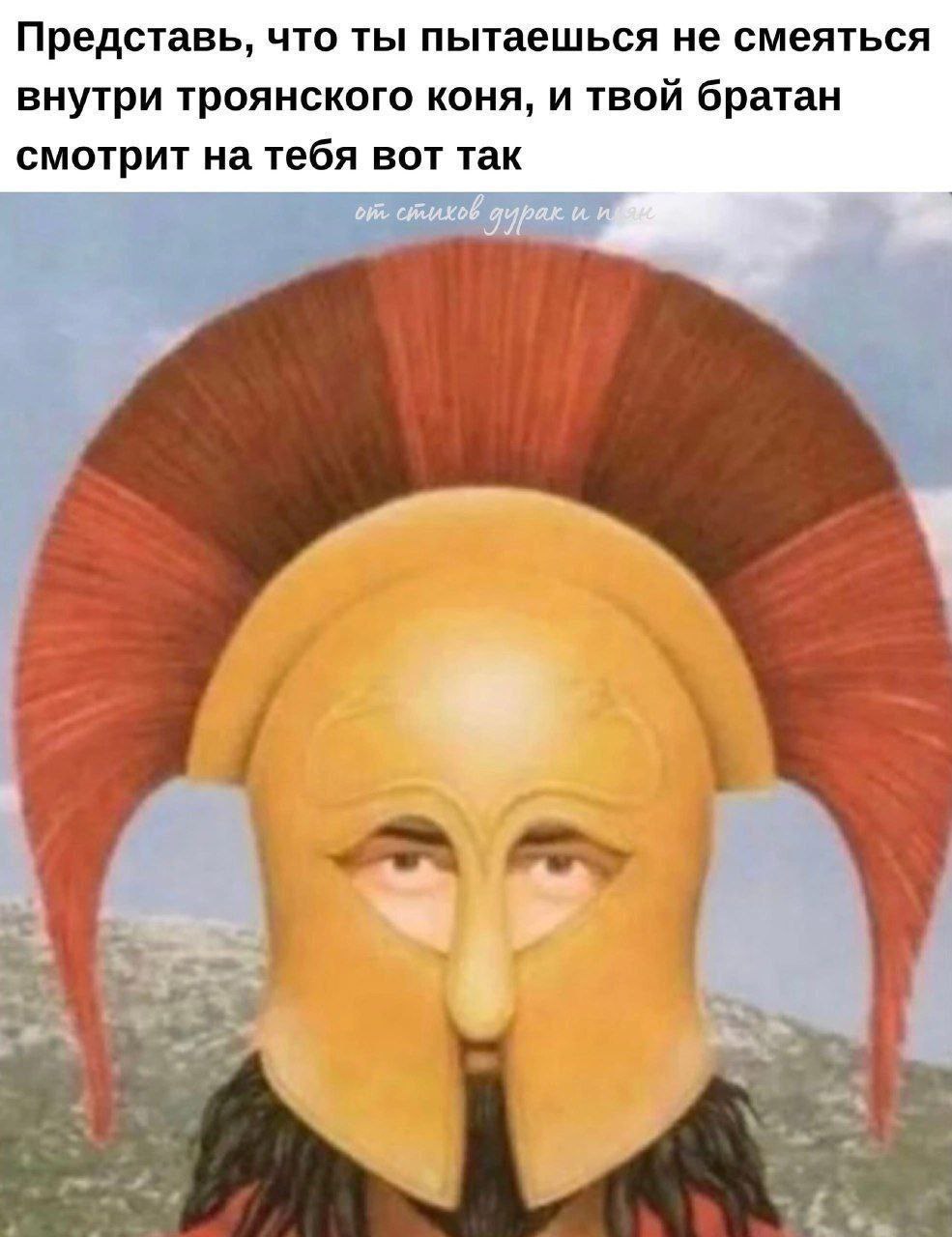 Представь, что ты пытаешься не смеяться внутри троянского коня, и твой братан смотрит на тебя вот так и.