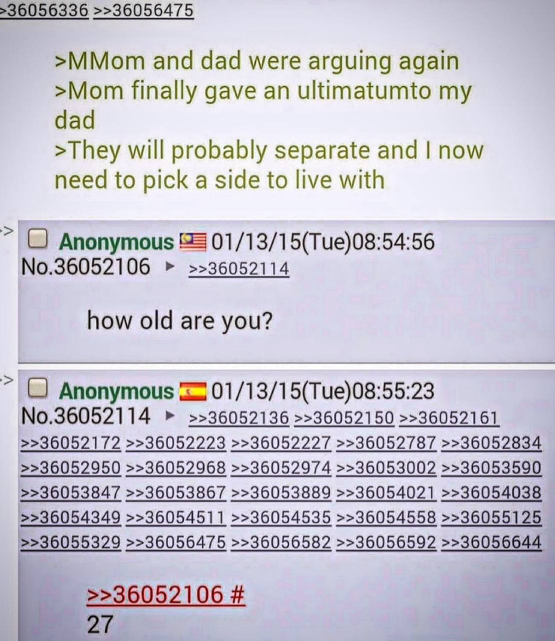>36056336 >>36056475 >MMom and dad were arguing again >Mom finally gave an ultimatumto my dad >They will probably separate and now need to pick a side to live with Anonymous 01/13/15(Tue)08:54:56 No.3