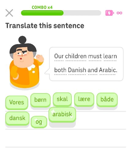 COMBO (3. Translate this sentence Our children must learn both Danish and Arabic bern skal bade Vores arabisk dansk