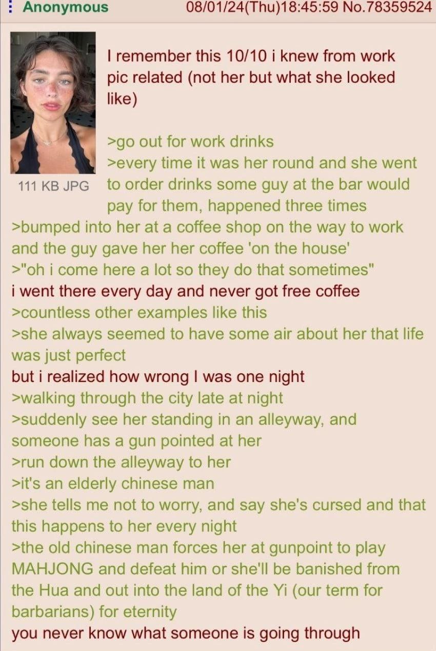 Anonymous 08/01/24(Thu)18:45:59 remember this 10/10 i knew from work pic related (not her but what she looked like) out for work drinks >every time it was her round and she went 111 to order drinks so