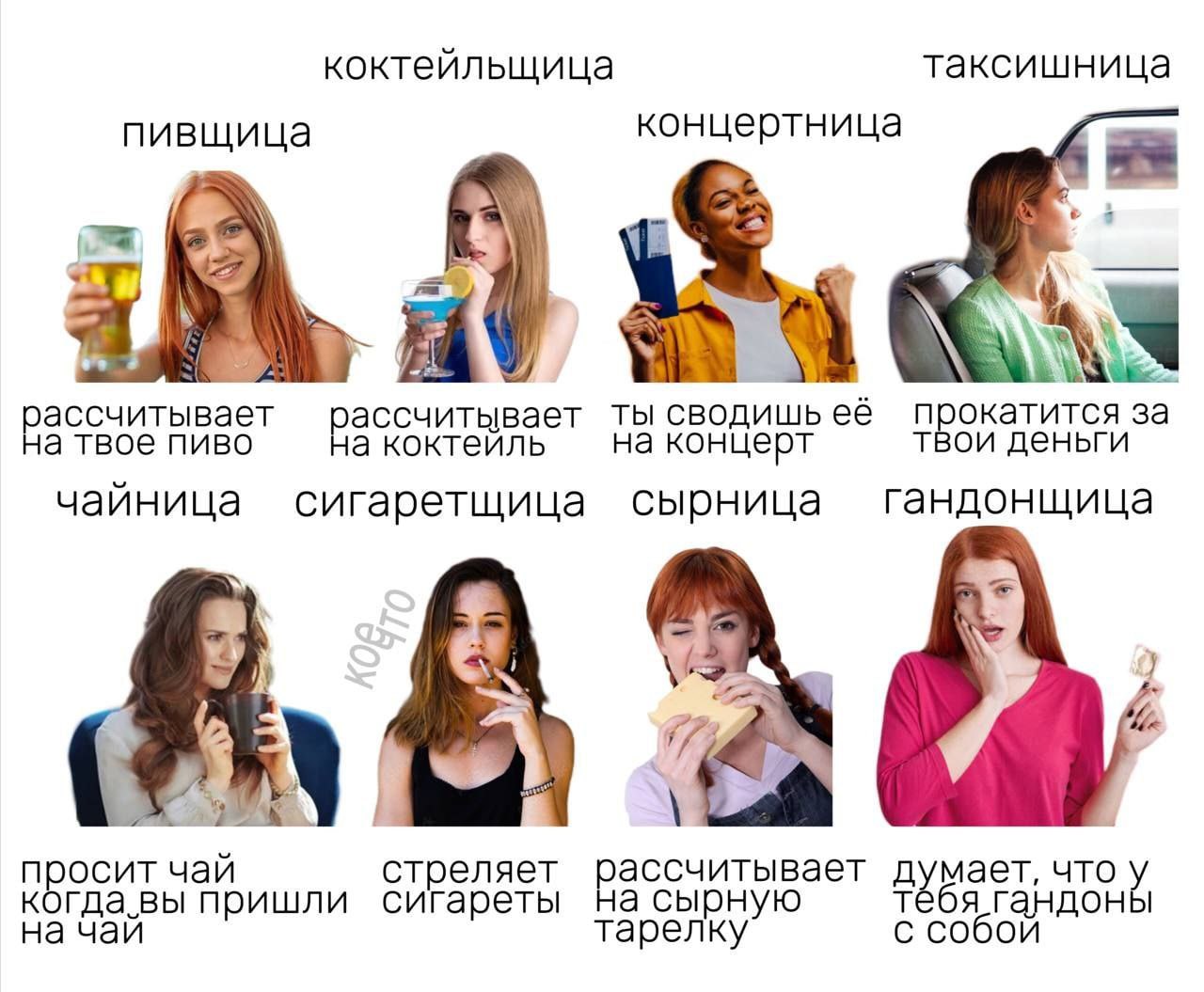 коктейльщица таксишница концертница рассчитывает ассчитывает ты сводишь её окатится за на твое пиво а коктеиль твои деньги на концерт чайница сигаретщица сырница гандонщица Me У 1) просит чай стреляет