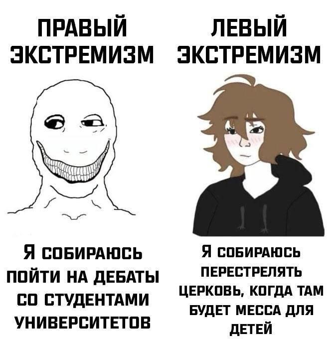 ПРАВЫЙ ЛЕВЫЙ ЭКСТРЕМИЗМ ЭКСТРЕМИЗМ Я СОБИРАЮСЬ Я СОБИРАЮСЬ ПЕРЕСТРЕЛЯТЬ ПОЙТИ НА ДЕБАТЫ ЦЕРКОВЬ, КОГДА ТАМ СТУДЕНТАМИ БУДЕТ МЕССА ДЛЯ УНИВЕРСИТЕТОВ ДЕТЕЙ