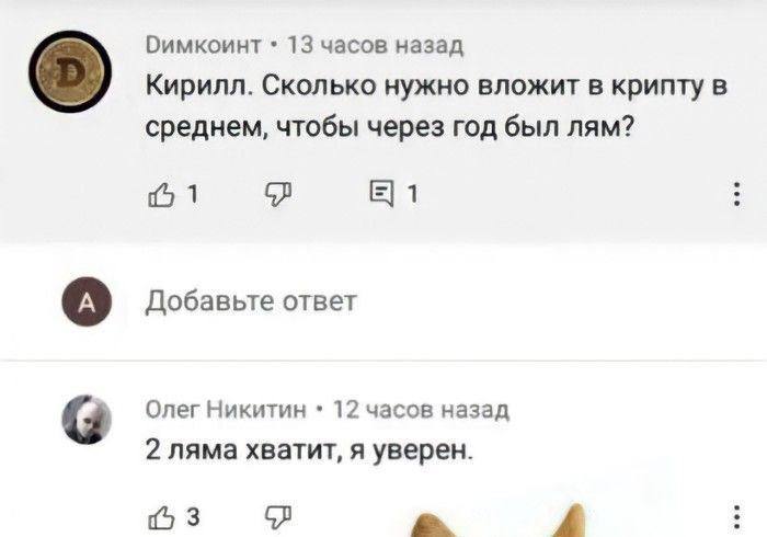 Оимкоинт 13 часов назад Кирилл. Сколько нужно вложит в крипту в среднем, чтобы через год был лям? 1 1 Добавьте ответ Олег Никитин 12 часов назад 2 ляма хватит, я уверен. A