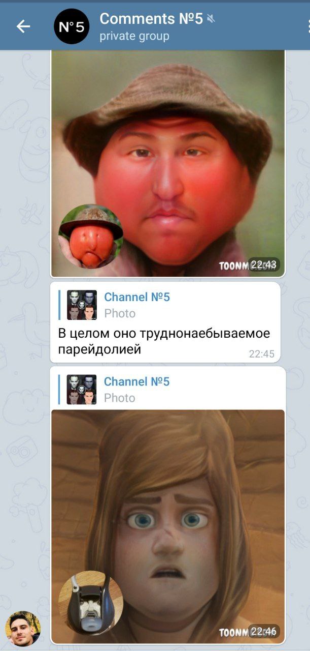 2 Nes Comments №5 private group TOONM 22:43 Channel №5 В целом оно труднонаебываемое парейдолией 22:45 Channel №5
