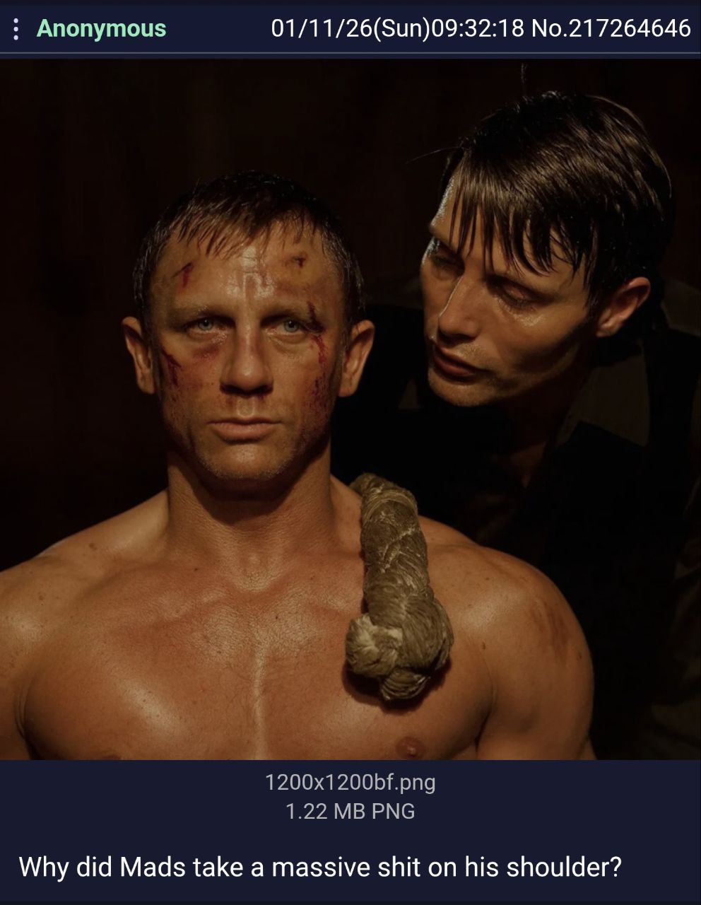 Anonymous 01/11/26(Sun)09:32:18 No.217264646 1200x1200bf.png 1.22 PNG Why did Mads take a massive shit on his shoulder?