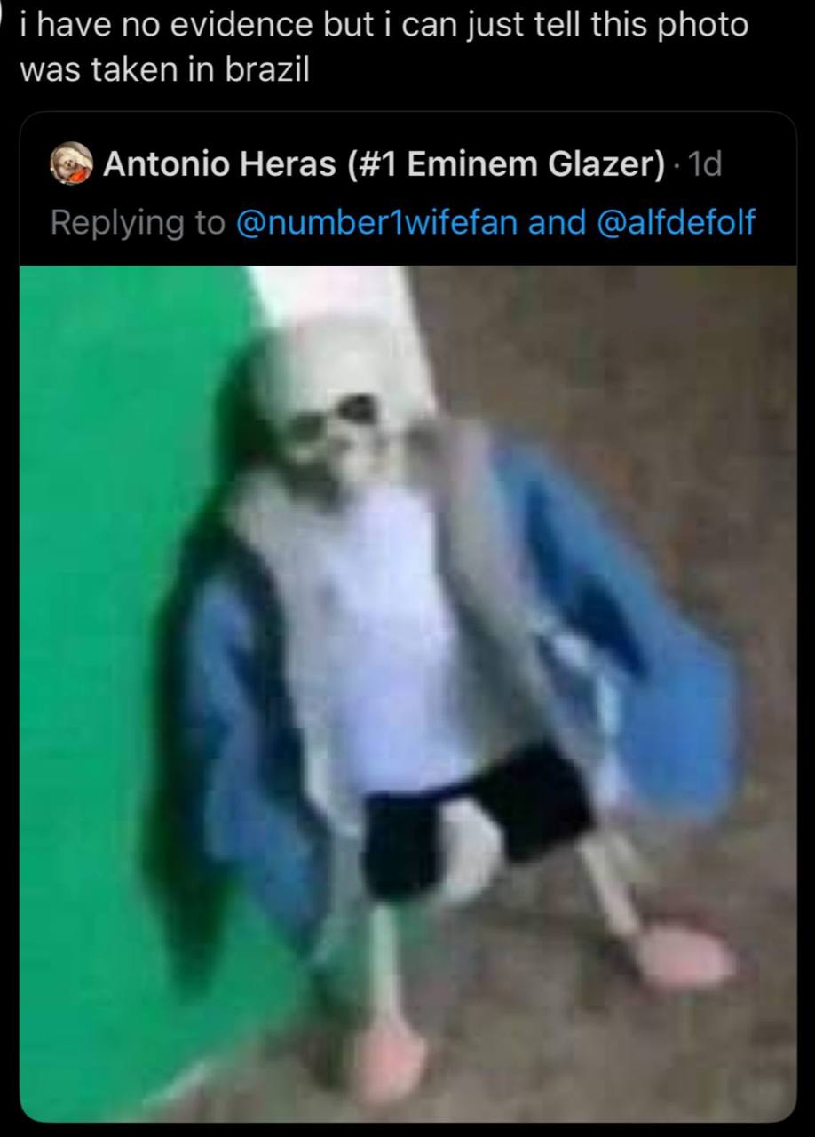 i have no evidence but i can just tell this photo was taken in brazil Antonio Heras (#1 Eminem Glazer) Replying to @number1wifefan and @alfdefolf 4