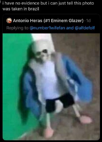 i have no evidence but i can just tell this photo was taken in brazil Antonio Heras (#1 Eminem Glazer) Replying to @number1wifefan and @alfdefolf 4
