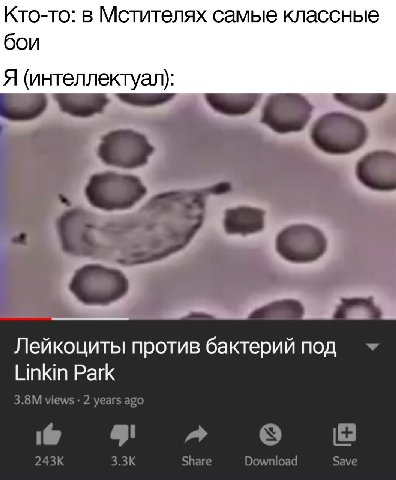 Кто-то: в Мстителях самые классные бои Я (интеллектуал): Лейкоциты против бактерий под Linkin Park