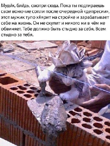Муд#к, бл#дь, смотри сюда. Пока ты подтираешь свои вонючие сопли после очередной «депресии», этот мужик тупо х#ярит на стройке и зарабатывает себе на жизнь. Он не скулит и никого ни в чём не обвиняет.