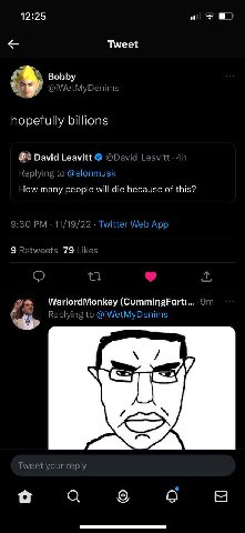 а 12:25 Tweet Bobby @iWetMyDenims hopefully billions David Leavitt @David Leavitt to @elonmusk ply How many people will die because of this? 9:30 11/19/22 Twitter Web App 1 79 Likes an Replying to @iW