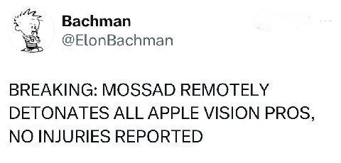 Bachman @ElonBachman BREAKING: MOSSAD REMOTELY DETONATES ALL APPLE VISION PROS, NO INJURIES REPORTED