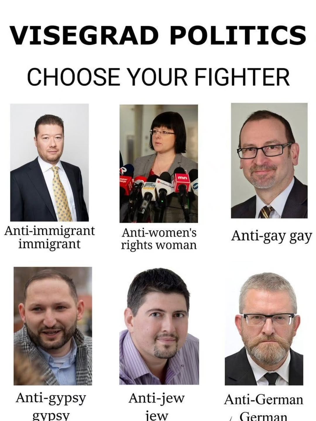 VISEGRAD POLITICS CHOOSE YOUR FIGHTER Anti-immigrant Anti-women's Anti-gay gay immigrant rights woman Anti-German Anti-gypsy SVDSV Anti-jew German