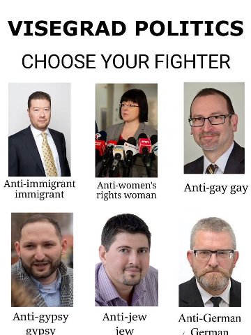 VISEGRAD POLITICS CHOOSE YOUR FIGHTER Anti-immigrant Anti-women's Anti-gay gay immigrant rights woman Anti-German Anti-gypsy SVDSV Anti-jew German