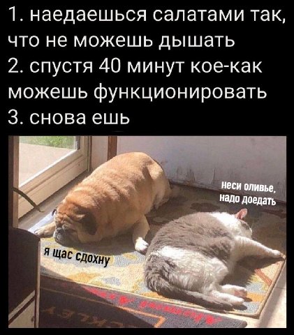 1. наедаешься салатами так, что не можешь дышать 2. спустя 40 минут кое-как можешь функционировать 3. снова ешь неси оливье, надо доедать я Щас