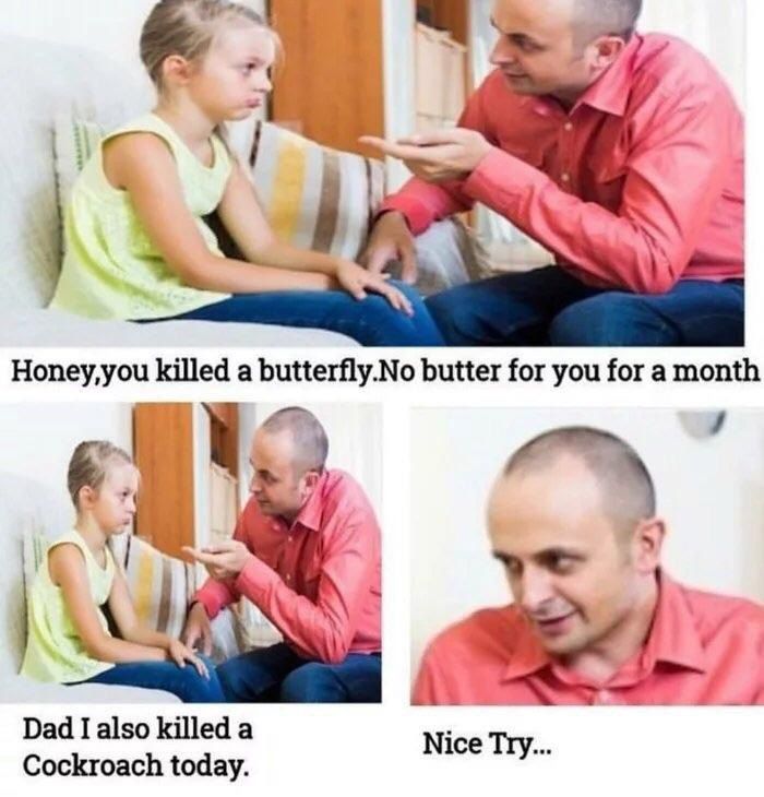 Honey,you killed а butterfly.No butter for you for a month 4% Dad I also killed a Nice Try... Cockroach today.