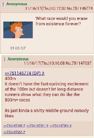 Anonymous 11/16/17(Thu) 10:12:32 No.751146774 What race would you erase from existence forever? 53 GIF Anonymous 11/16/17(Thu)10:16:08 No.751147037 >>751146774 it doesn't have the fast-sprinting excit