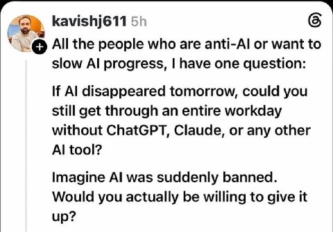 kavishj611 у All the people who are anti-Al or want to slow progress, have one question: If disappeared tomorrow, could you still get through an entire workday without ChatGPT, Claude, or any other to