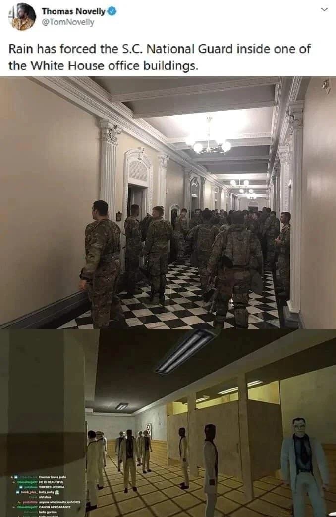 Thomas Мочейу @ТотМомеу Rain has forced the National Guard inside one of the White House office buildings. I i