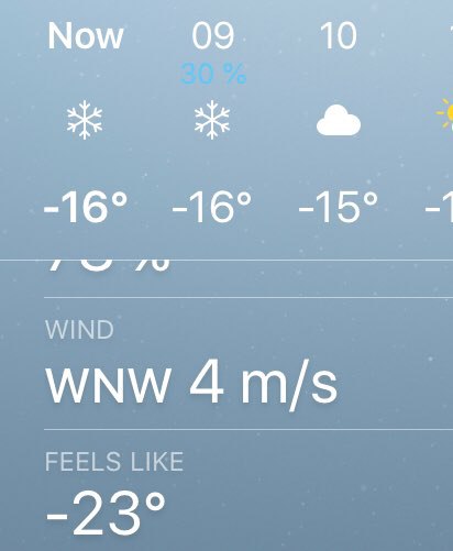Now 09. 10 -16° -16° -15° WIND WNW 4 FEELS LIKE -23°