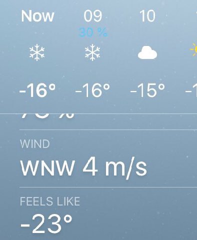 Now 09. 10 -16° -16° -15° WIND WNW 4 FEELS LIKE -23°