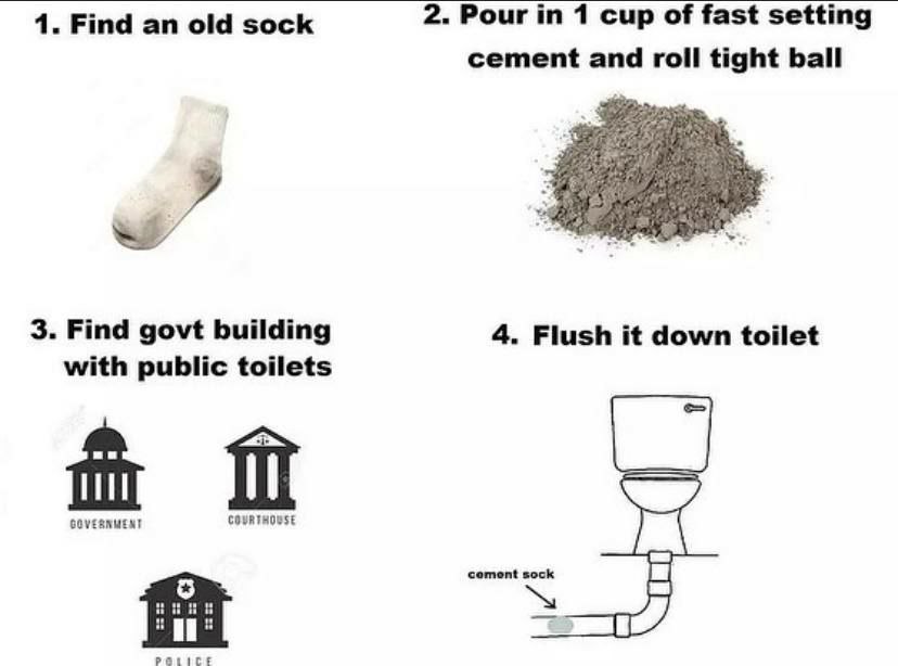 1. Find old sock 2. Pour in 1 cup of fast setting cement roll tight ball 9 3. Find govt building 4. Flush it down toilet with public toilets GOVERNMENT COURTHOUSE sock