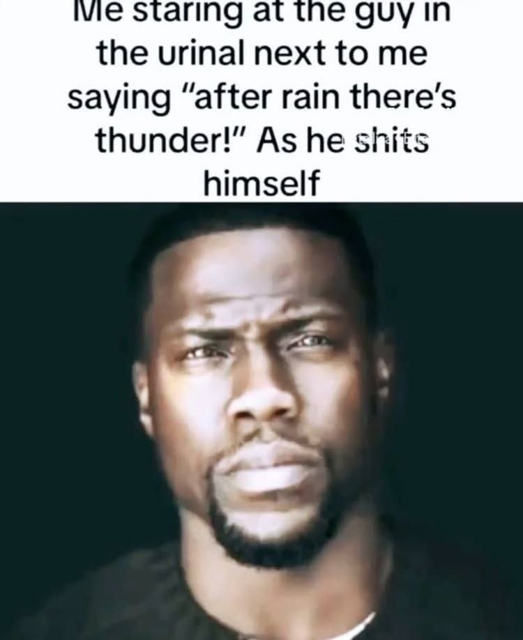 Staring a In the urinal next to me saying “after rain thunder!” As he shits himself у